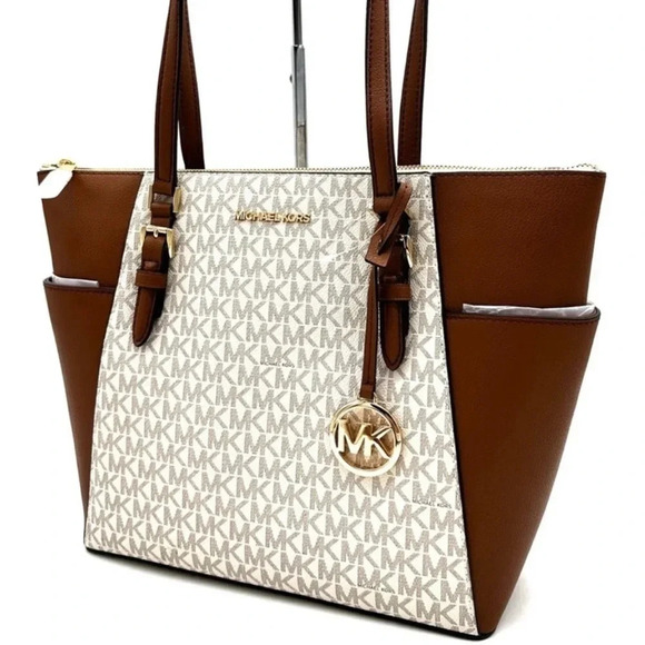 Michael Kors Large Charlotte Tote Bag Luggage Leather Vanilla - Picture 1 of 12